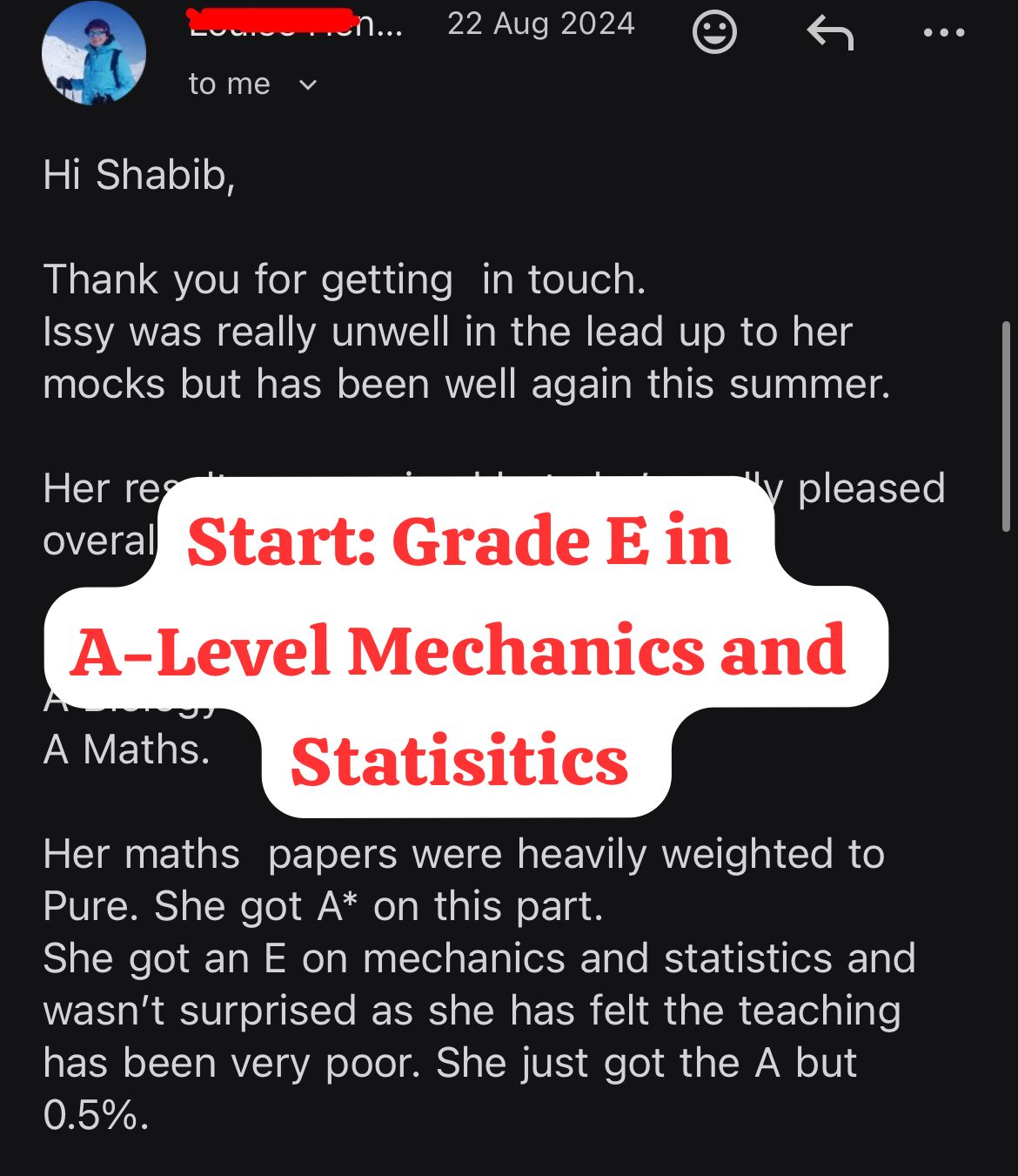 Issy Before - Grade E in A-Level Mechanics and Statistics